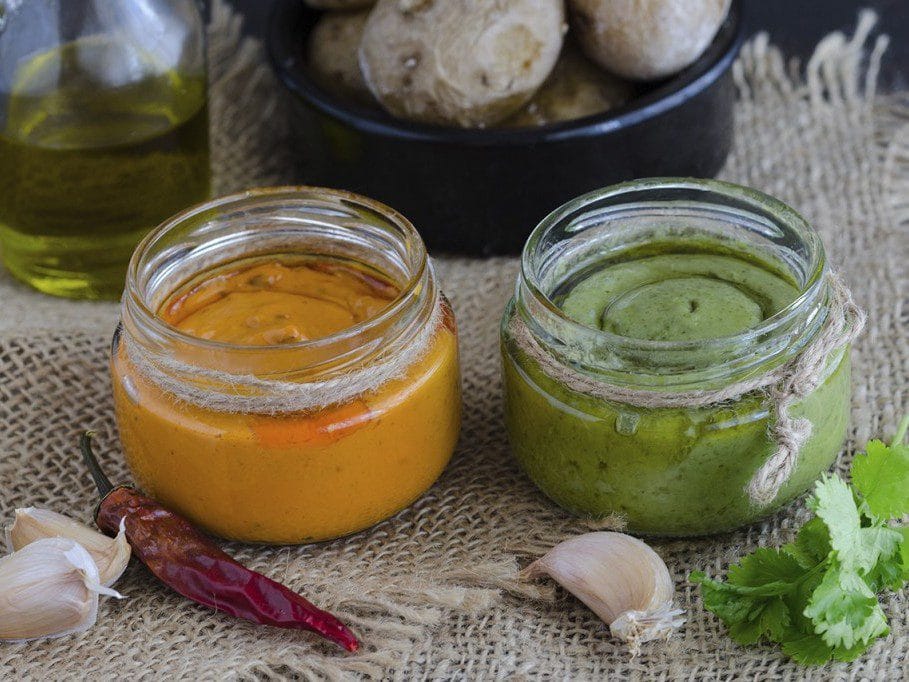 Vista de mojos , salsas habituales en la gastronomia de Fuerteventura