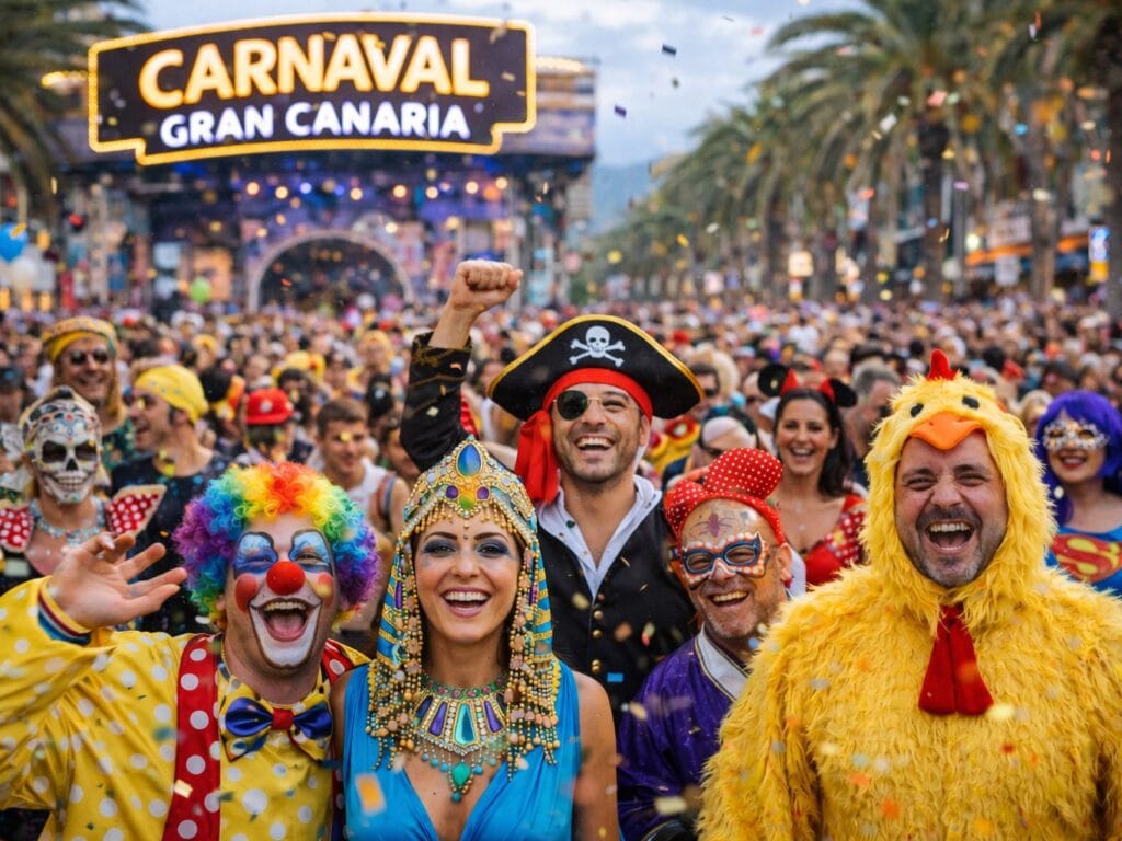 AI-generated illustration of a group of people in the streets of Gran Canaria