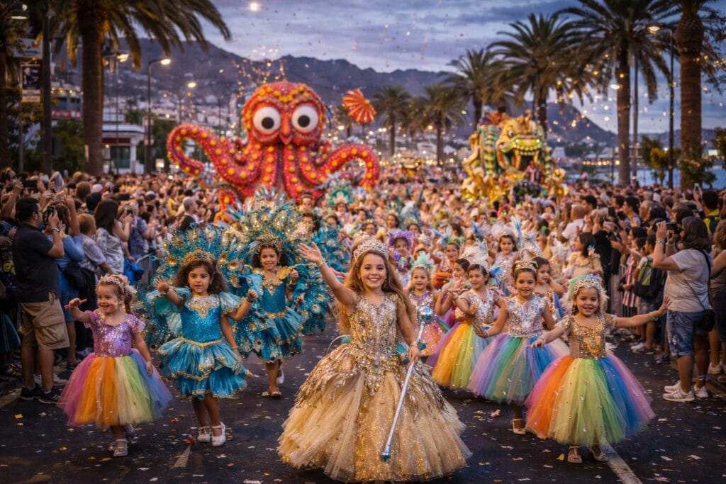 AI-generated illustration, depicting children in costume on the street in the Carnival of Santa Cruz de Tenerife.