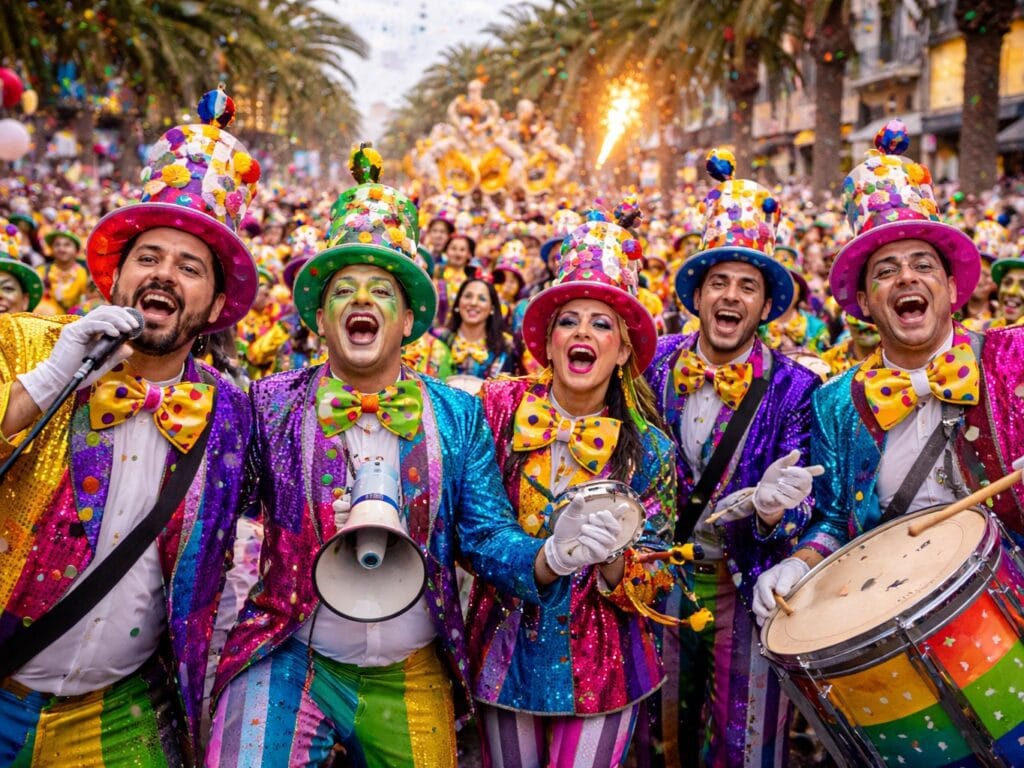 AI-generated illustration of a group of boys from a murga at the Carnival of Las Palmas.