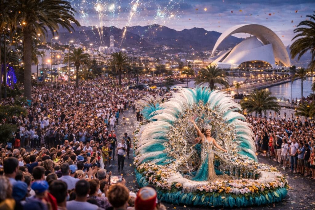 Ilustracion generada por IA representando la Reina en el Carnaval de Santa Cruz de Tenerife 2026
