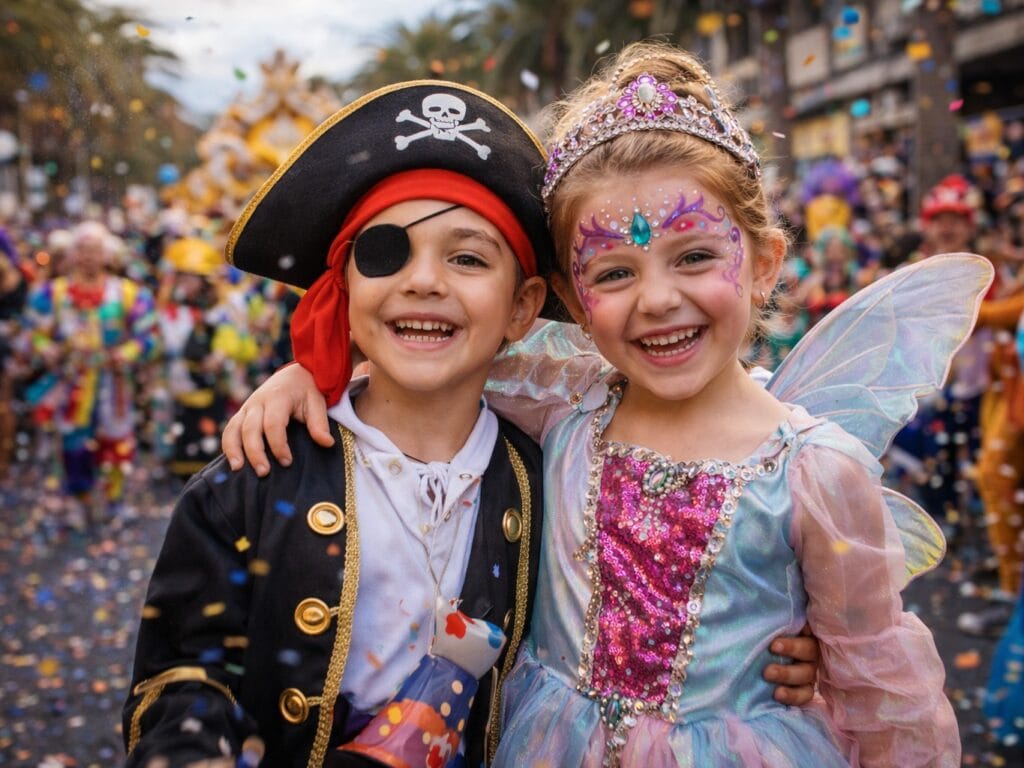 AI-generated illustration representing 2 children in costume at the Carnival of Las Palmas 2026