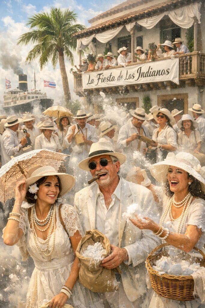 ilustracion generada con IA, representando la fiesta de Los indianos