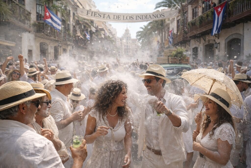 Imagen generada por IA, representando la fiesta de Los Indianos de La Palma
