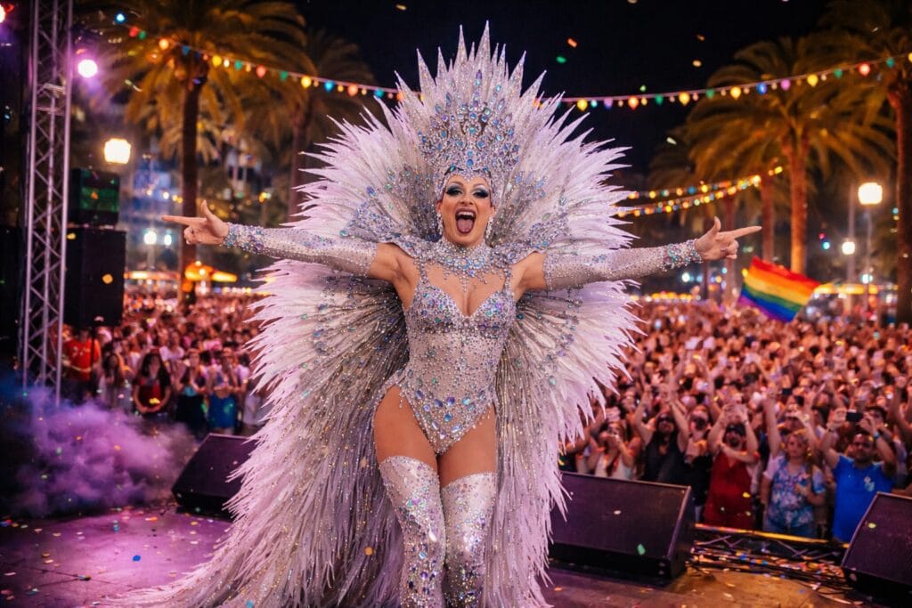 Imagen generada por IA, representando una actuacion en la Gala Drag del Las Palmas de Gran Canaria 2026