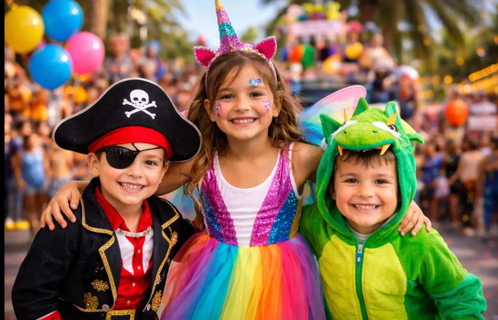 Ilustracion generada con IA representando 3 niños disfrazados en el Carnaval de las Palmas
