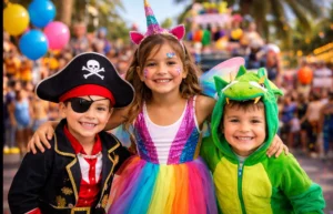Illustration generated with AI representing 3 children in costume at the Carnival of Las Palmas