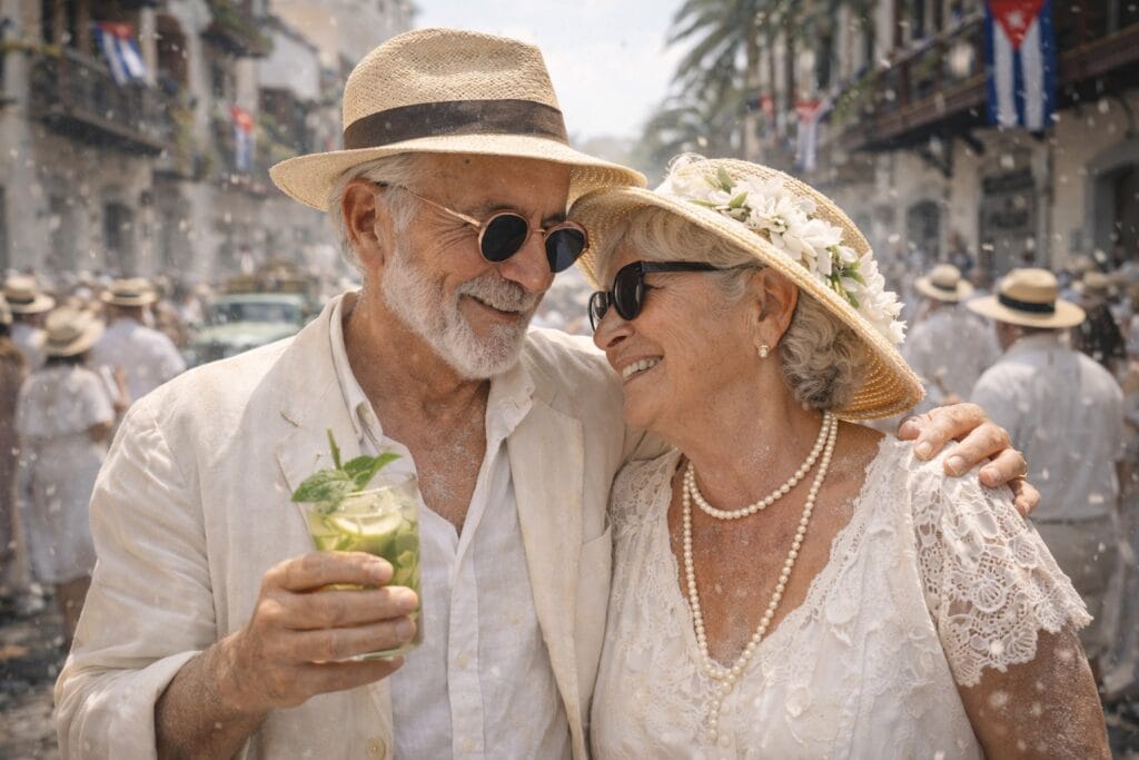 Imagen generada con IA, representando a una pareja mayor en los Indianos