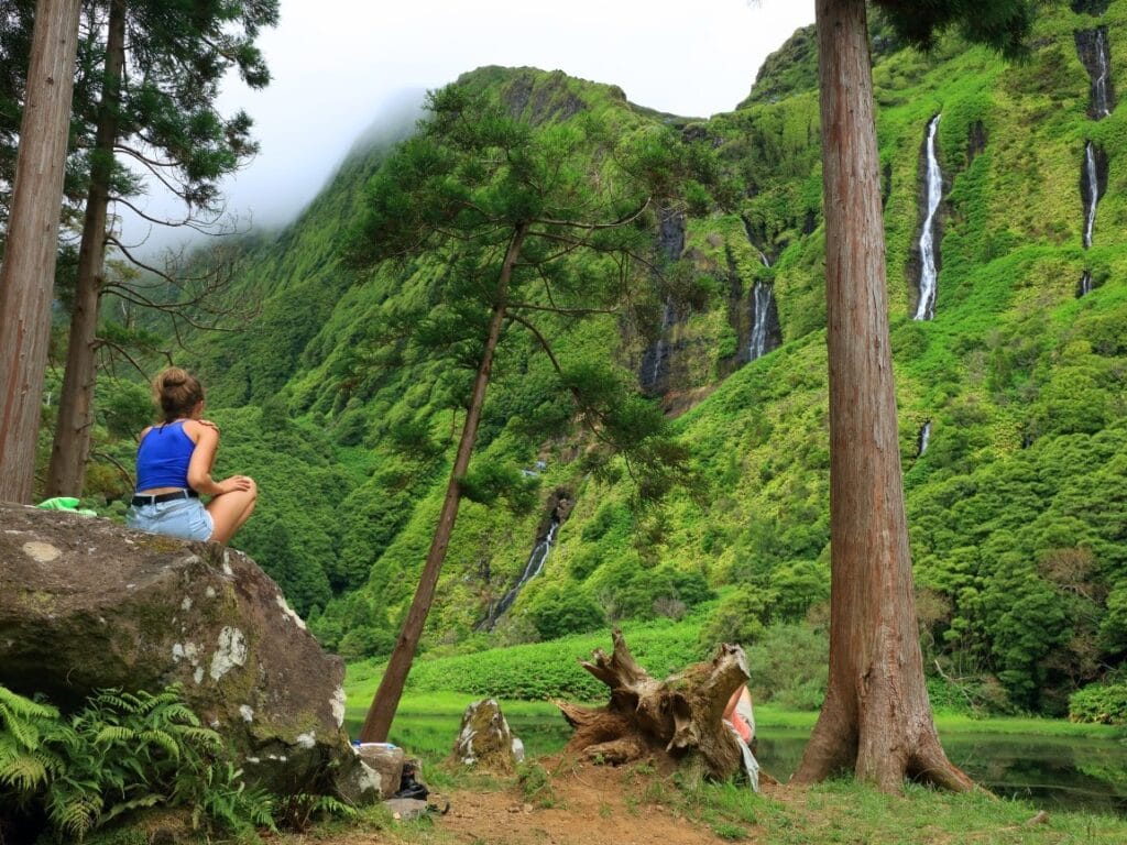 View of the waterfalls of Flores in the laurisilva forests